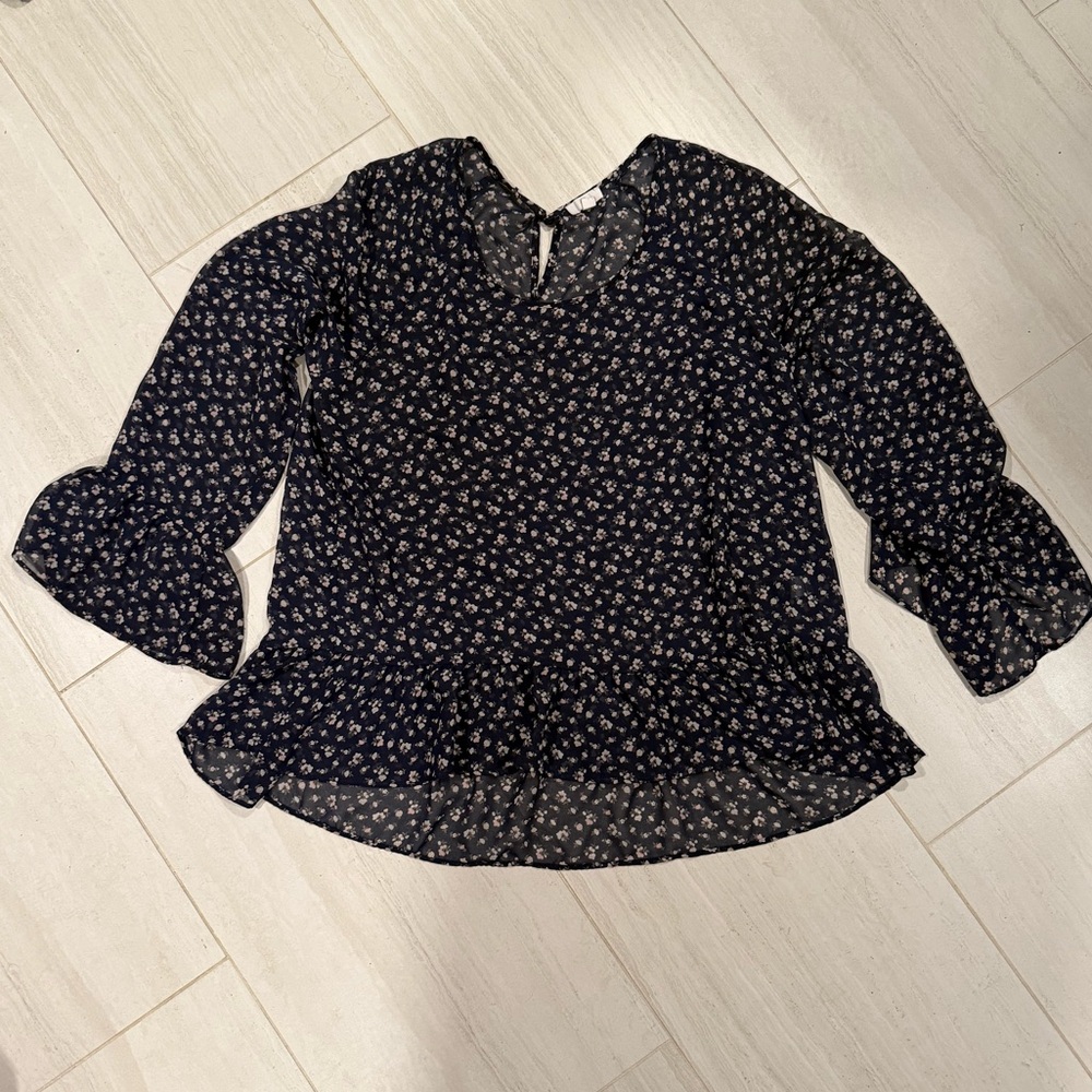 Women's Navy Floral Long-Sleeve‎ Peplum Blouse by C size XL